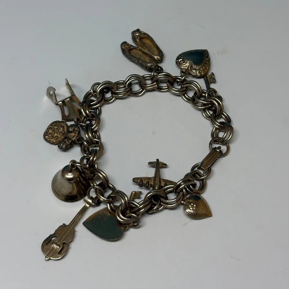 Vintage Silver Tone Double Link Charm Bracelet Bell Violin Airplane Heart